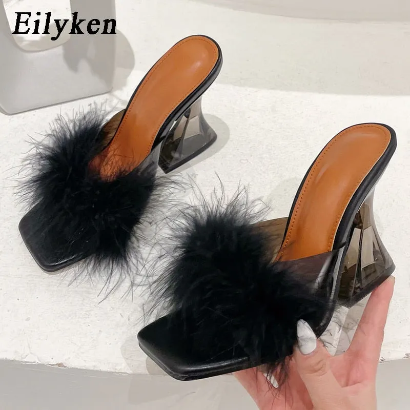 Amozae-Aomzae Woman Feather Transparent Strange High heels Fur Slippers Sandals Women Peep toe Mules Lady Pumps Slides size 35-41