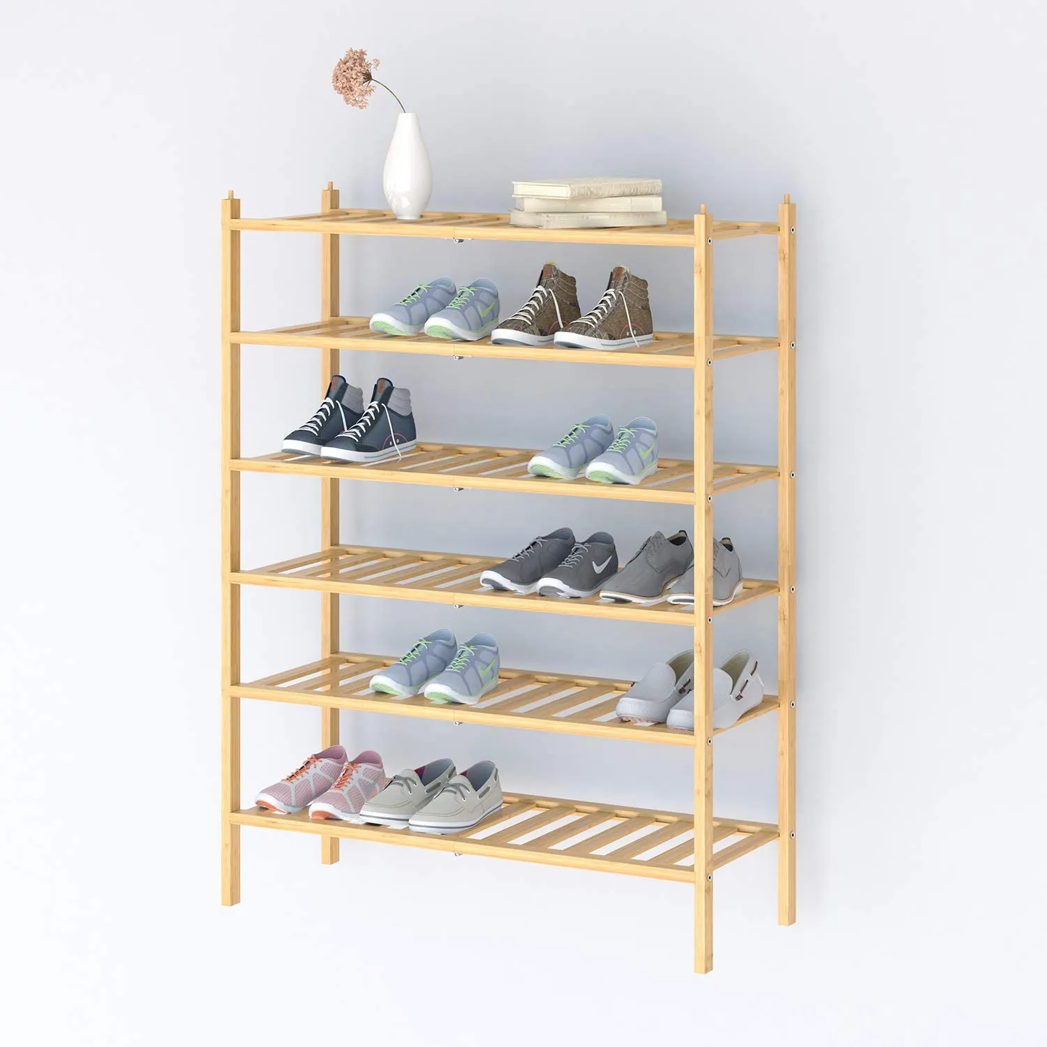 BAMFOX 6 Tier Shoe Rack Bamboo Stackable Shoe Storage Organizer