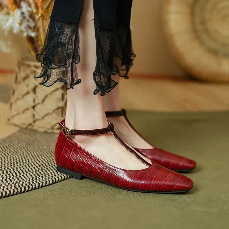 Crocodile Embossed T-strap Flat Shoes