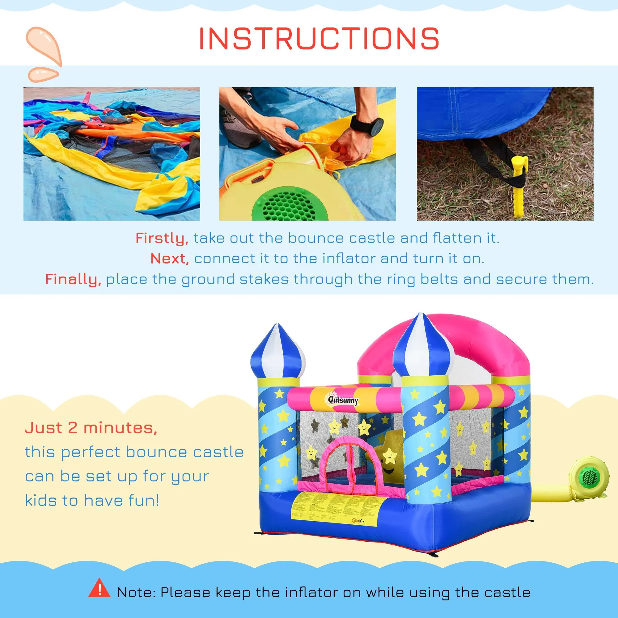 Kids Bounce Castle House Inflatable Trampoline Basket with Inflator for Age 3-12 Castle Stars Design 2.25 x 2.2 x 2.15m