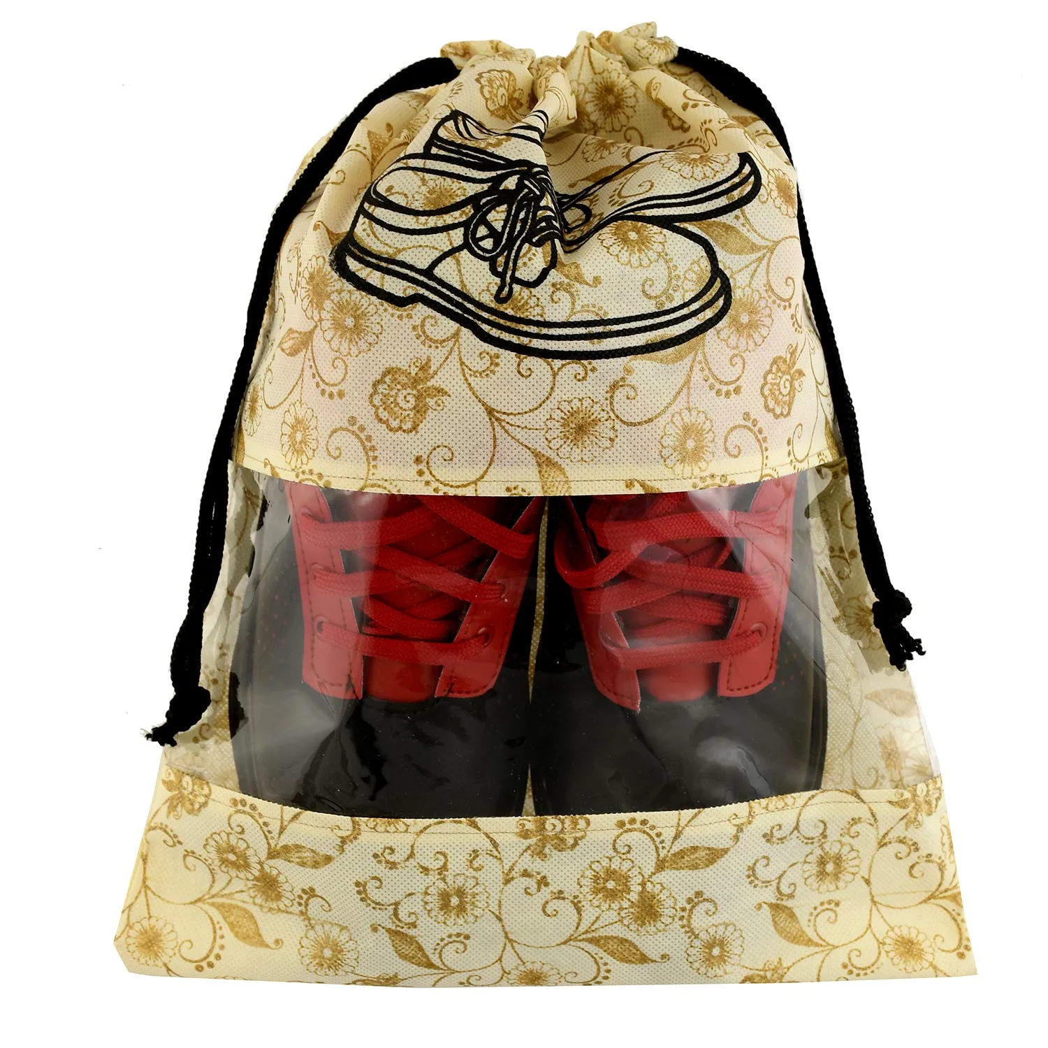 Kuber Industries Metalic Floral Design 6 Piece Non Woven Travel Shoe Cover, String Bag Organizer, Brown -CTMTC039502