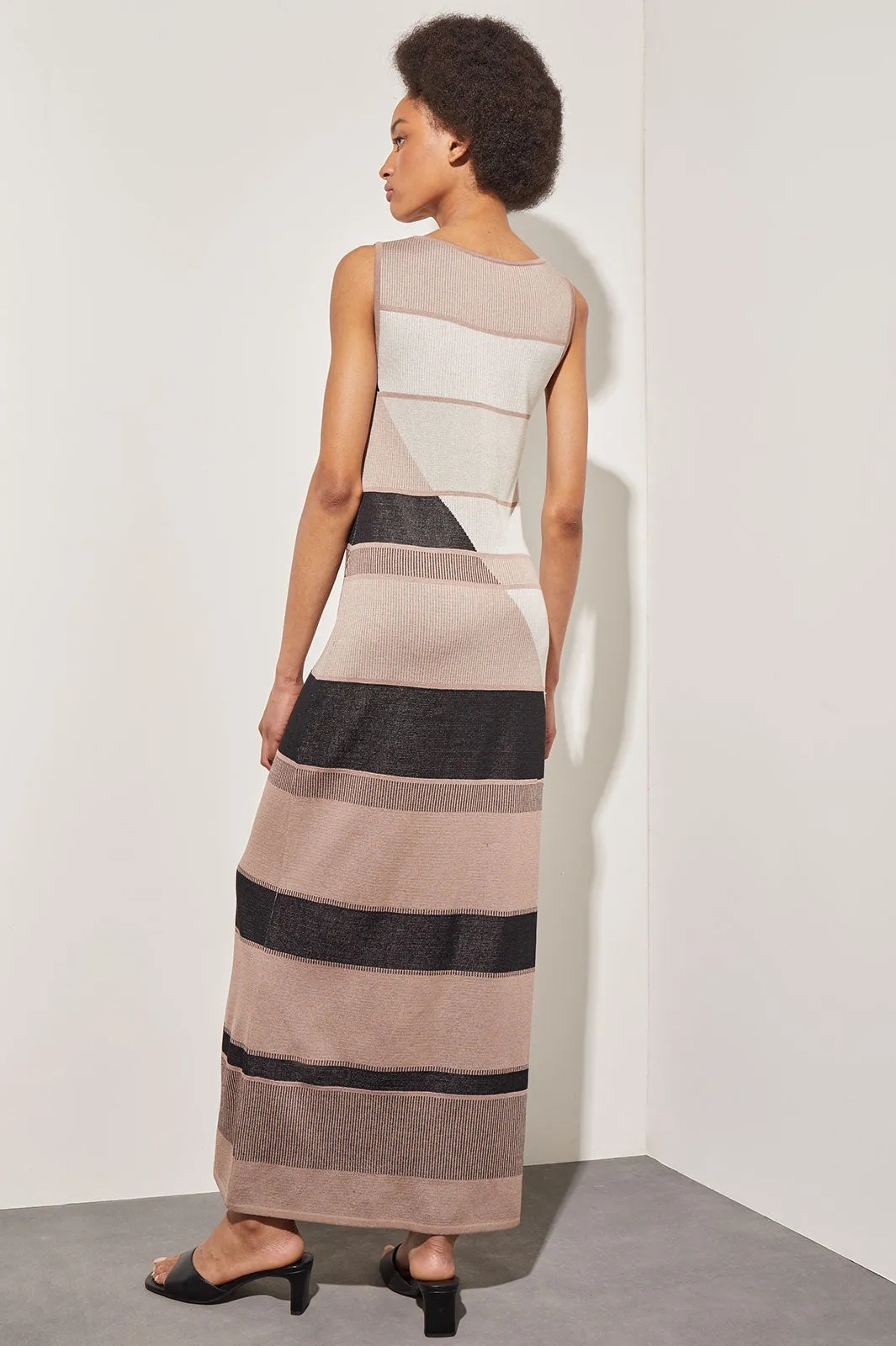 Modern Fit Asymmetrical Neck Maxi Sheath Dress - Striped Intarsia Knit