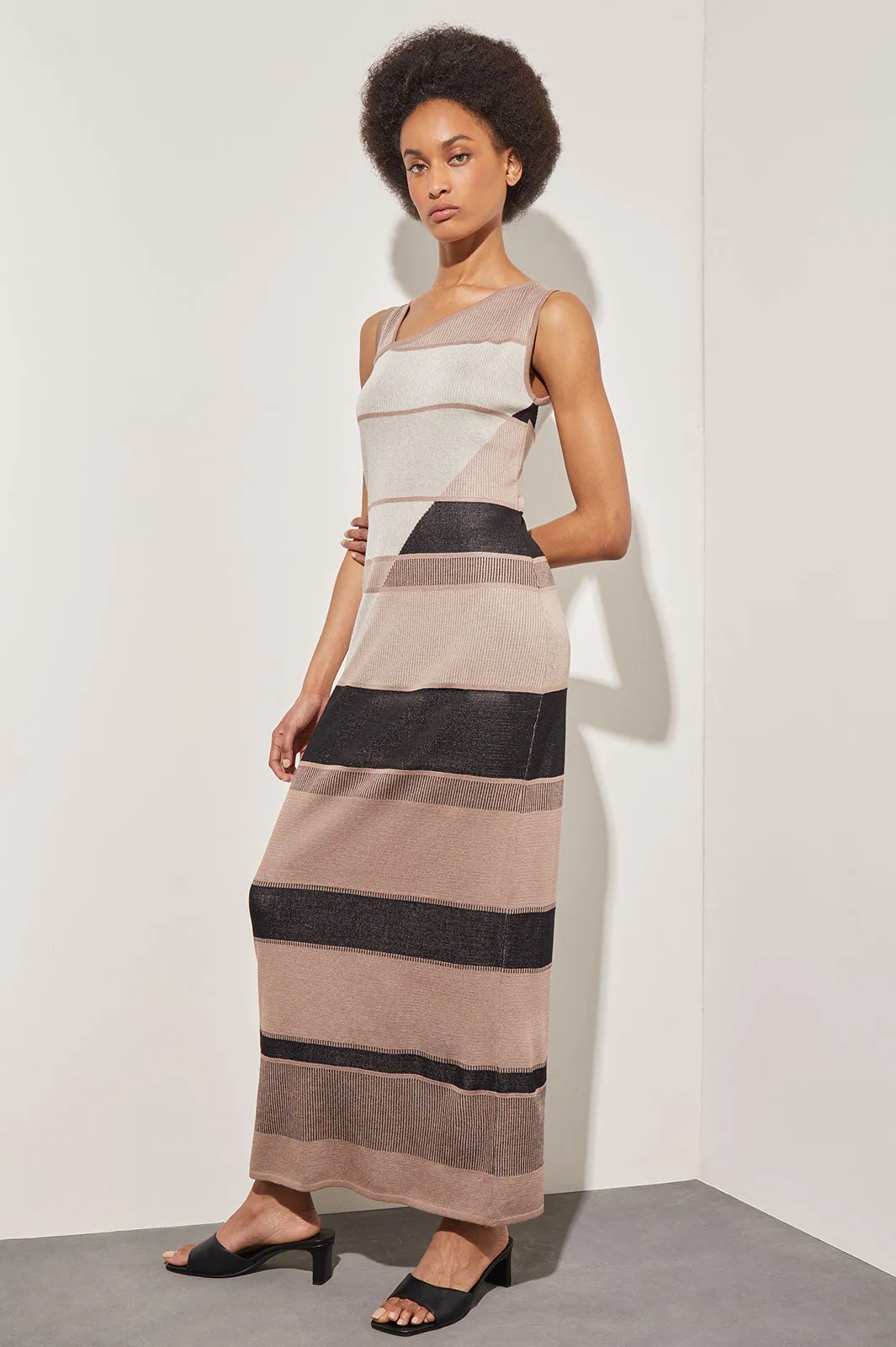 Modern Fit Asymmetrical Neck Maxi Sheath Dress - Striped Intarsia Knit