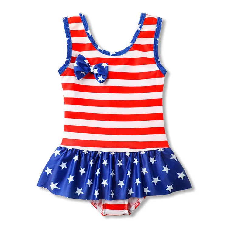 Swimsuit One-Piece  for Children American Flag Striped Ruffled Swimwear