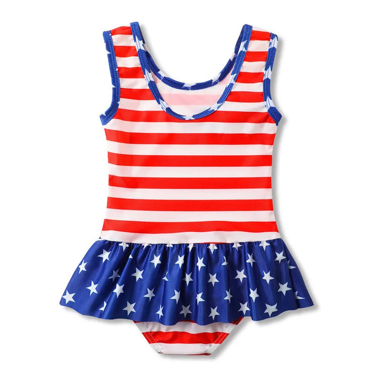 Swimsuit One-Piece  for Children American Flag Striped Ruffled Swimwear