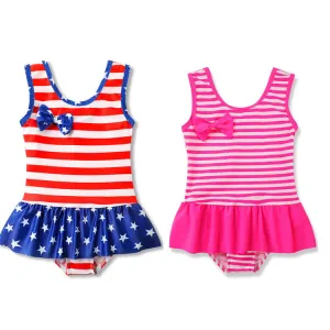 Swimsuit One-Piece  for Children Flag Striped Ruffled Swimwear