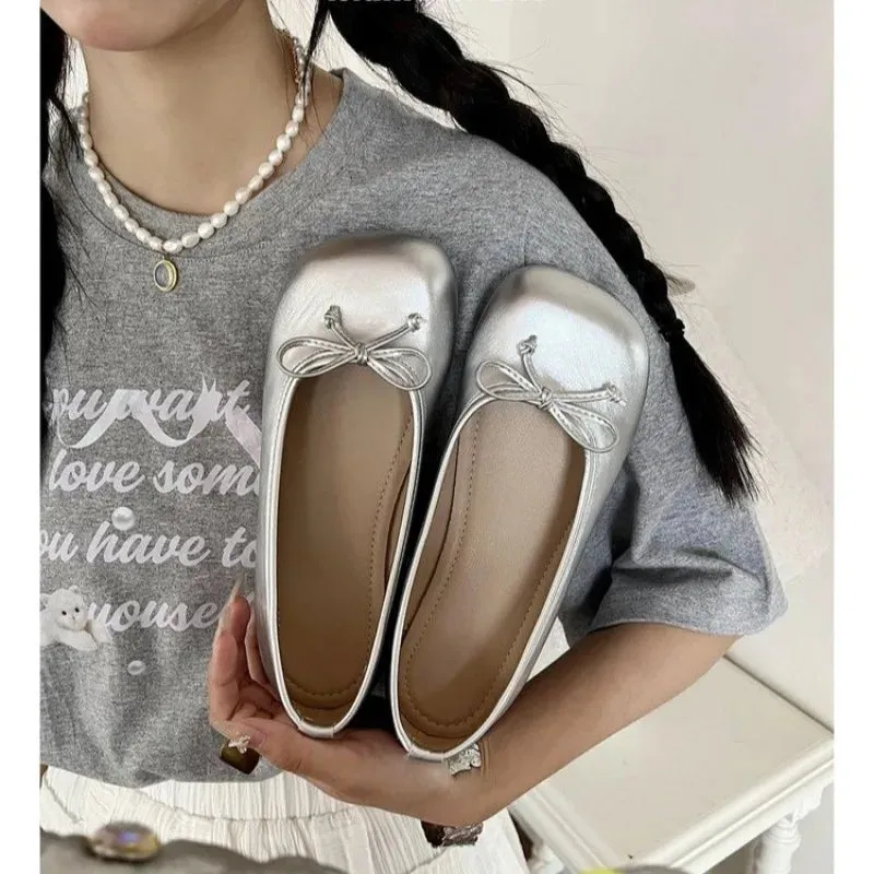 Uniwim New Spring Summer Flat Ballet Shoes Women's Mary Jane Shoes Ballet Flats Women Bowknot Silver Flat Single Shoes Zapatos De Mujer