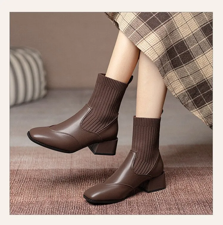 Wenkouban Autumn Winter New Ankle Socks Shoes Women Fashion Large Size  Knitted Short Boots Women Slip On High Heels