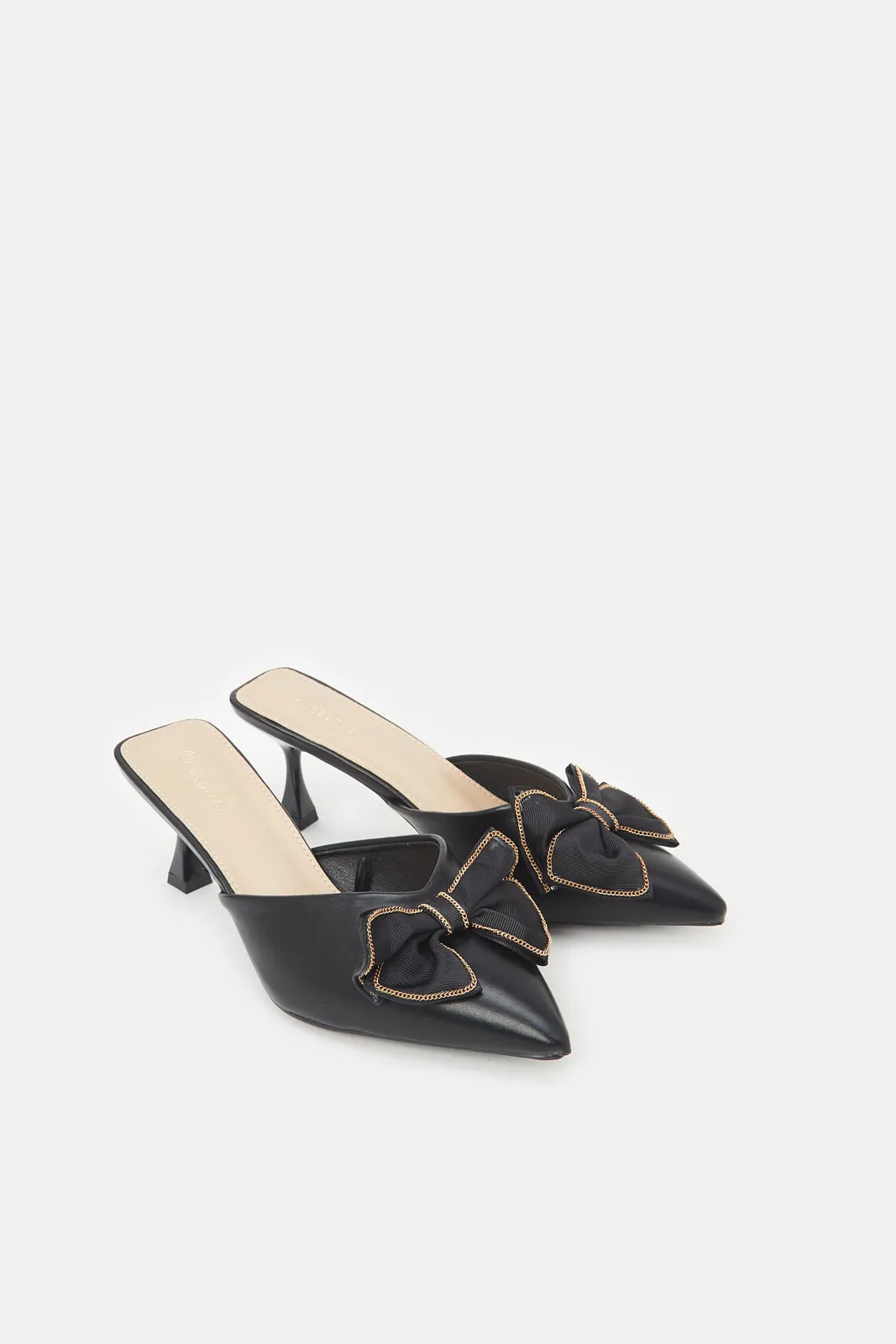 Women Black Bow Trim Mule