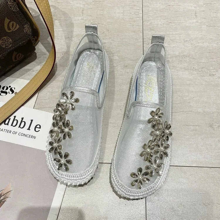 Women Flat Single Shoes Breathable Mesh Slip on Spring Summer Ladies Casual Rhinestone Flowers Fisherman Shoes Zapatillas Mujer