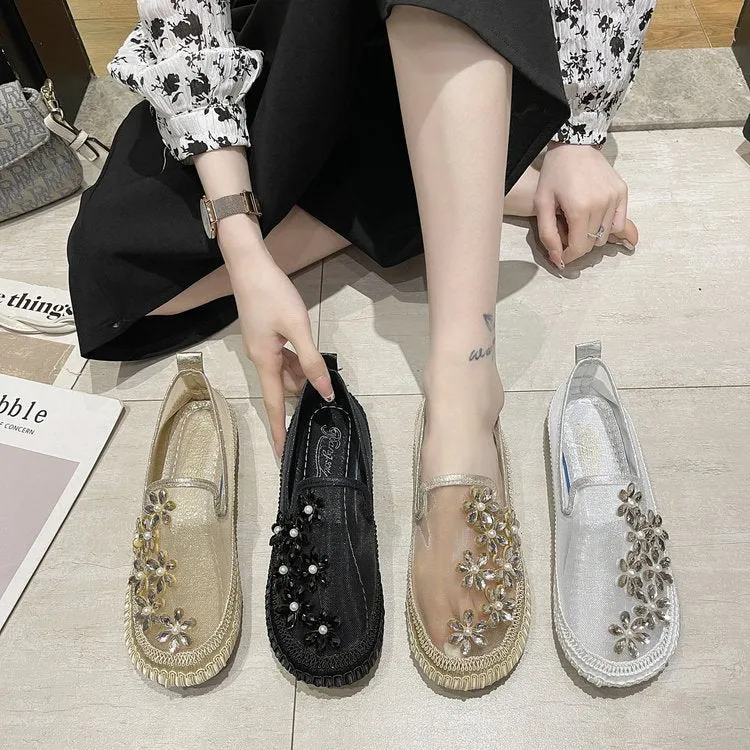 Women Flat Single Shoes Breathable Mesh Slip on Spring Summer Ladies Casual Rhinestone Flowers Fisherman Shoes Zapatillas Mujer