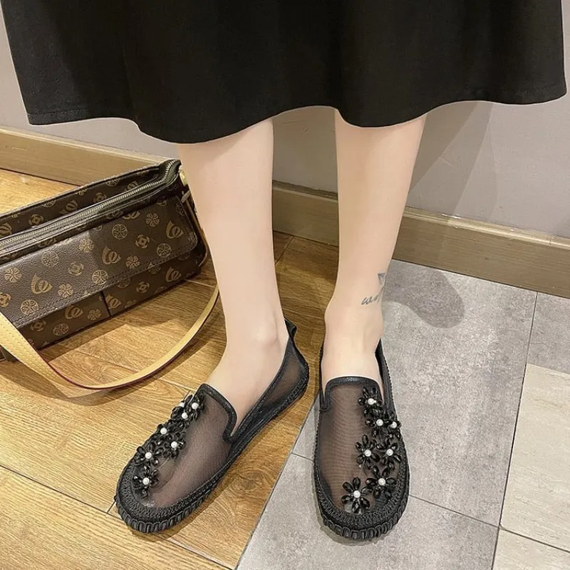 Women Flat Single Shoes Breathable Mesh Slip on Spring Summer Ladies Casual Rhinestone Flowers Fisherman Shoes Zapatillas Mujer